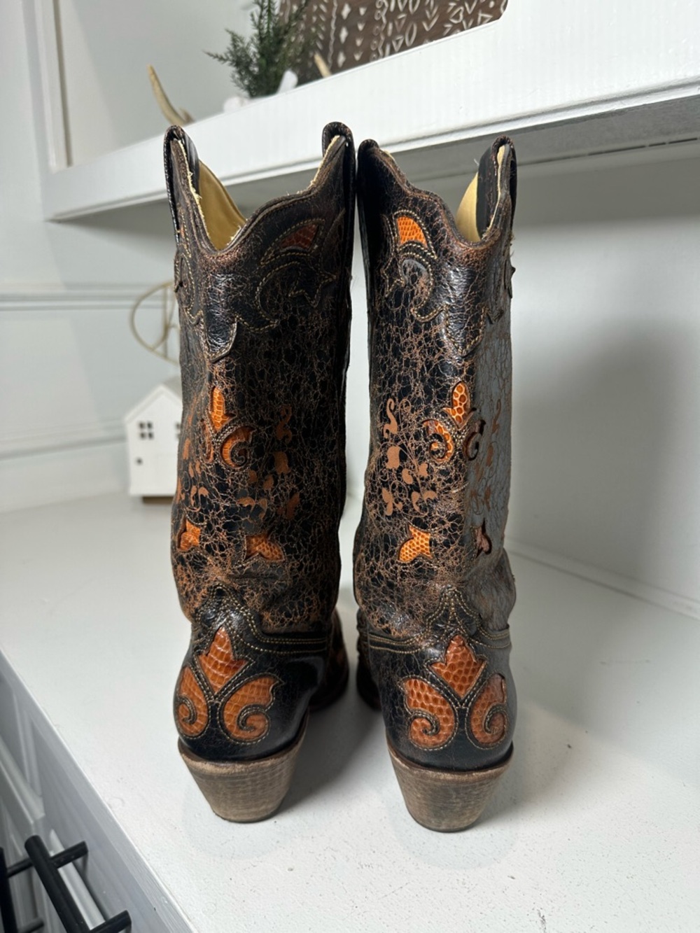 Corral Boots Lizard Inlay Cowboy Womens 8.5M Distressed Brown Leather Western - Picture 6 of 9